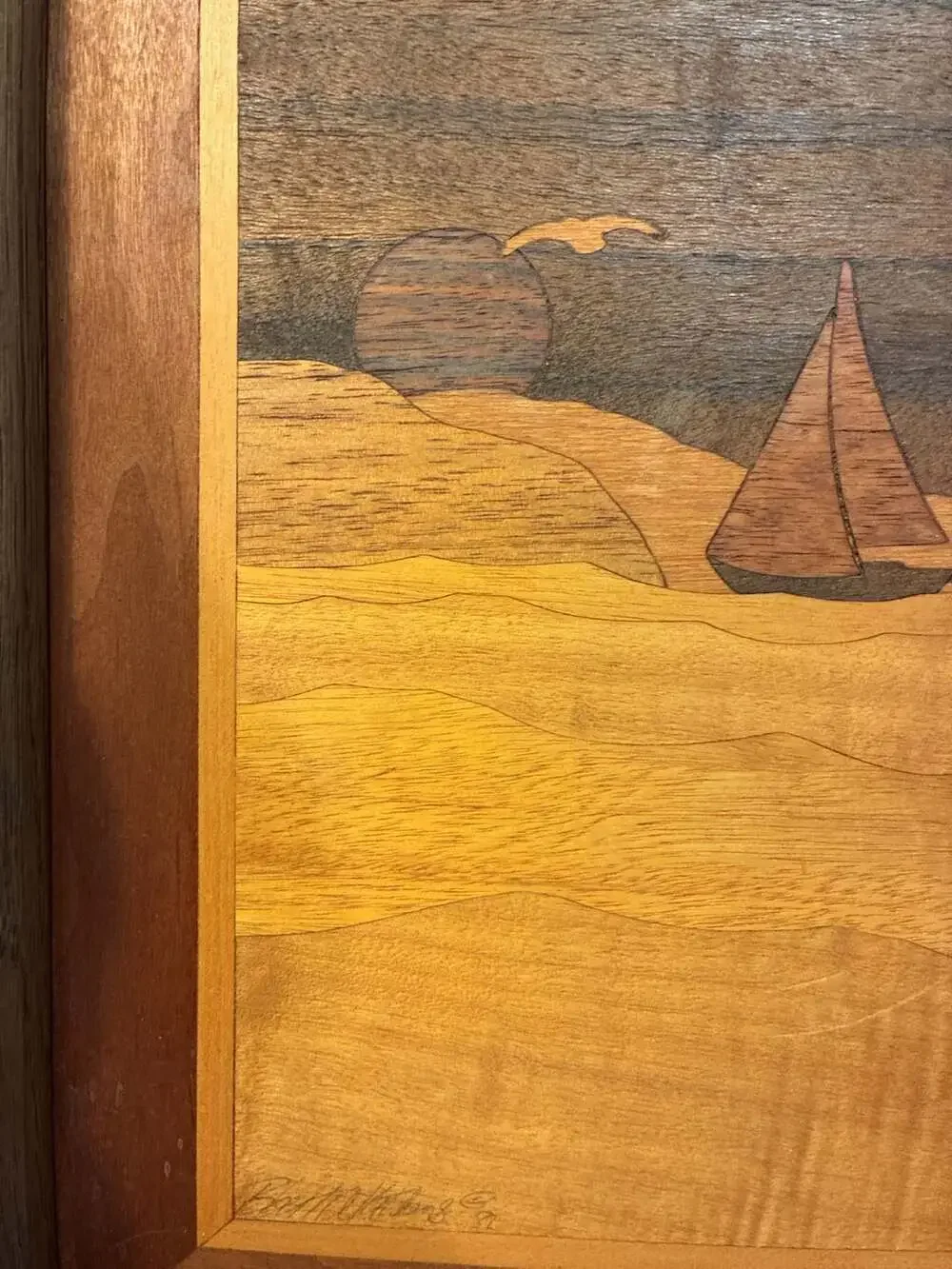 Robert A. Kitchens Vintage Marquetry Wood Inlay Sailboat Framed Art